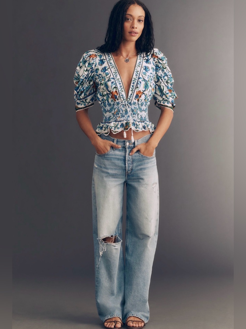Farm Rio Off-White Flora Tile Smocked Blouse - Picture 3 of 8